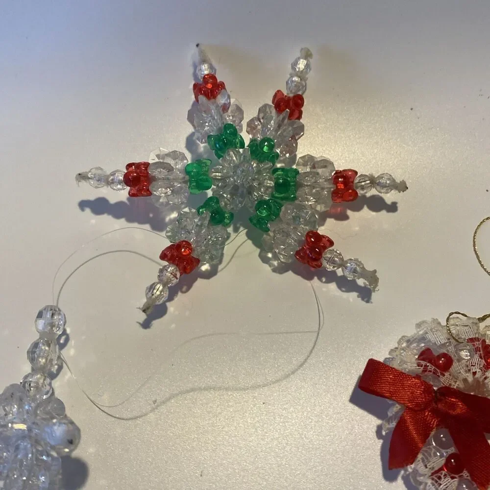 10 Vintage Handmade Plastic Beaded Wire Christmas Ornament Lot Angel Snowflake